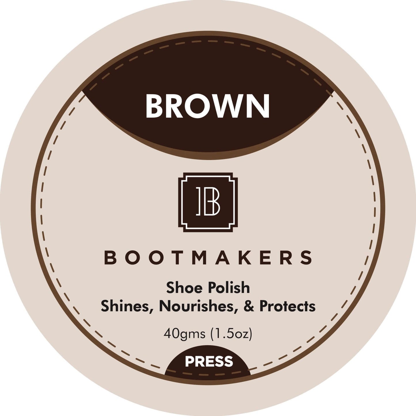 Bootmakers shoe polish in Brown, shines, nourishes, and protects dress shoes, 40g (1.5oz) container.
